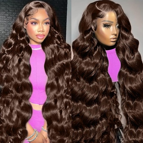 Fopeela 13x6 28 Inch Chocolate Brown Lace Front Wig Human Hair HD Transparent Body Wave Lace Front Wigs Human Hair Pre Plucked Brown Wig Human Hair 180% Density Colored #4 Frontal Wigs Human Hair