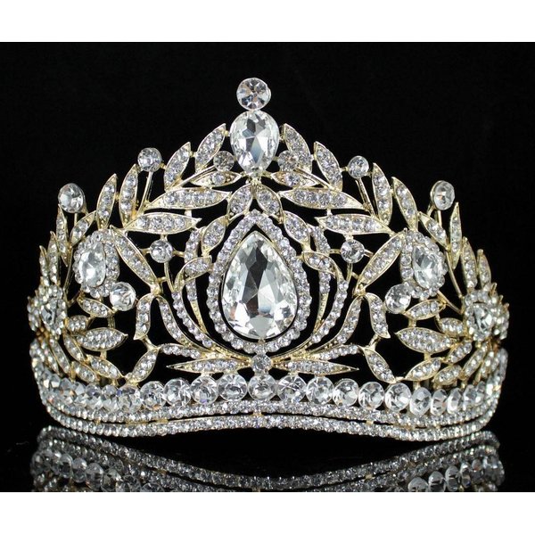 Janefashions Fantastic Clear White Austrian Crystal Rhinestone Tiara Crown Hair Combs Veil Headband Gold Silver Princess Queen Theater Headpiece Party Event Prom Pageant T1855 (Gold With Combs)
