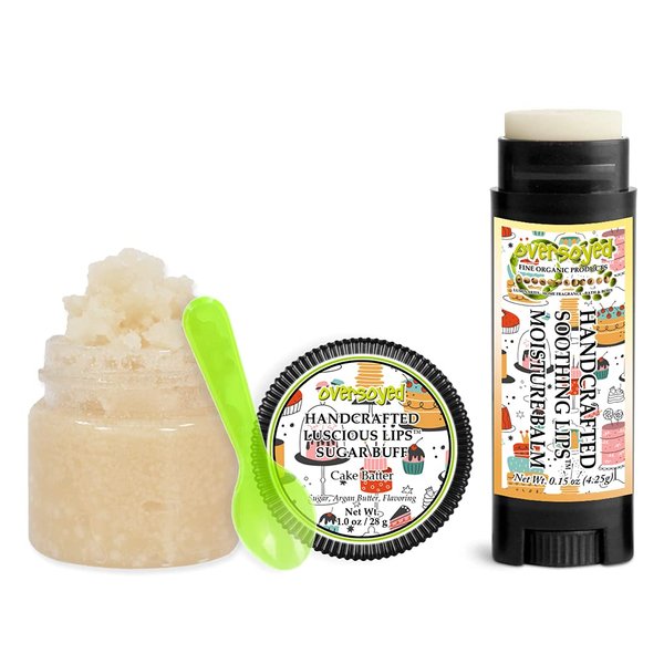 Cake Batter Soothing & Luscious Lips by OverSoyed Exfoliator & Chapped Lip Repair Lip Care Combo | Artisan Handcrafted to Order Vanilla Cream Buttercream Flavored Exfoliating Sugar Lip Scrub & Lip Moisturizer Balm Gift Set