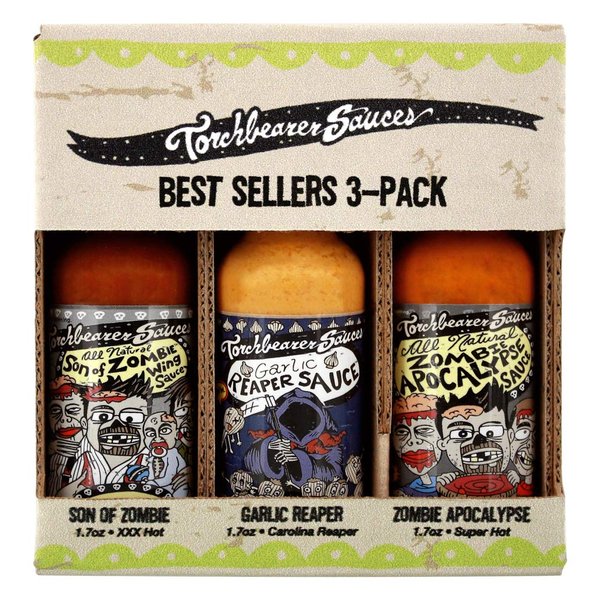 Torchbearer Sauces Best Sellers 3-Pack Mini Hot Sauce Gift Set, 1.7 Oz each - Zombie Apocalypse, Garlic Reaper, Son of Zombie