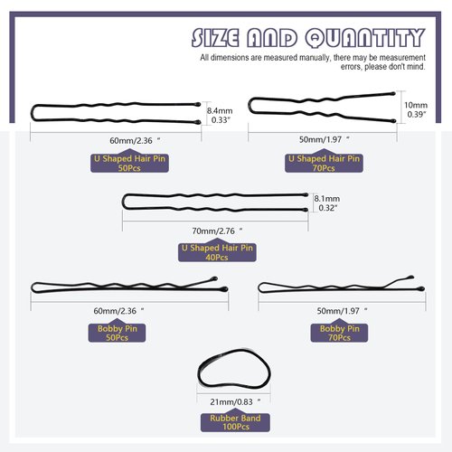 Swpeet 380Pcs 2 Styles 1.9Inch 2.4Inch 2.7Inch Black Hair Pins Bobby Pins with Rubber Bands Kit, Including 120Pcs Bobby Pins and 160Pcs U Hair Pins Hair Clips with Soft Elastic Bands for Girls and Women