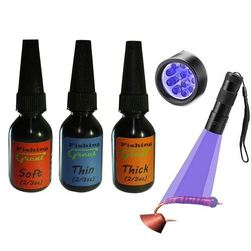 GREATFISHING Fly Tying UV Clear Glue and Power Light Combo Three Bottles Thick Thin and Soft +12 LED Light for Building Flies Heads Bodies Wings and Gluing Eyes