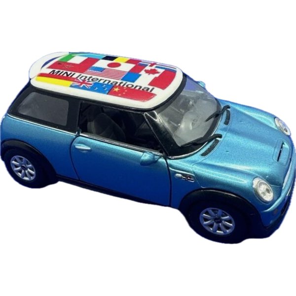 KiNSMART Mini Cooper S 5" 1:28 Scale Die Cast Metal Model Toy Car British Flag Blue w/Pullback Action