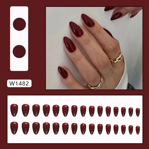 30 Pcs Wine Red Solid Color Fake Nails Medium Almond Press on Nails Glossy Acrylic Glue on Nails Reusable Full Cover Glue on Nails for Women DIY Manicure Decoration