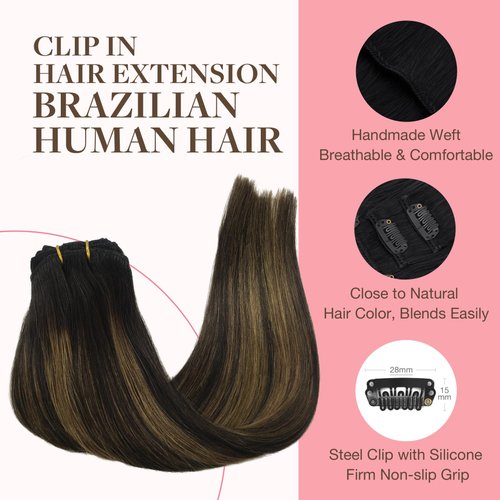 GOO GOO Clip in Hair Extensions Real Human Hair, 12inch 85g 7Pcs, 1B/6/1B Balayage Natural Black to Chestnut Brown, Remy Human Hair Extensions Clip ins for Women, Natural Human Hair