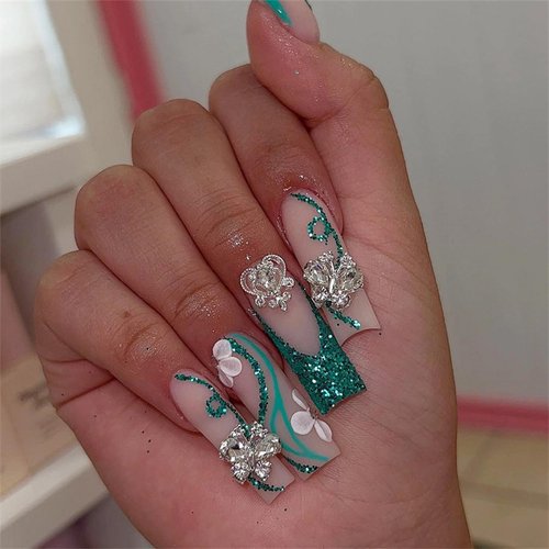 MISUD Press on Nails Long Square Fake Nails Matte Glue on Nails Green French Tip Acrylic Nails Squoval Bling Glitter Artificial Nails Butterfly Rhinestone False Nails with Flower Design 24 pcs