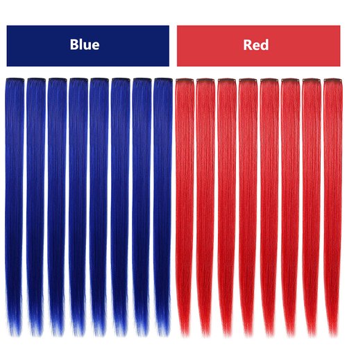 SARARHY 16 PCS Blue and Red Hair Extensions Colored Party 21inch Highlights Straight Hair Extension Clip in For Girls and Kids Women Halloween Costume Wig Pieces Accessories