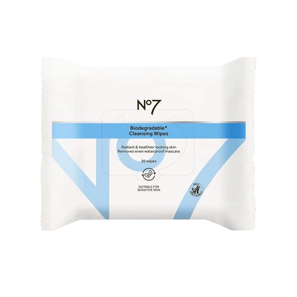 No7 Biodegradable Cleansing Wipes - Waterproof Mascara & Makeup Remover Wipes - Vitamin B5 + Witch Hazel & Fennel Extract Facial Cleansing Wipes for Revitalized Radiant Skin (30 Wipes)