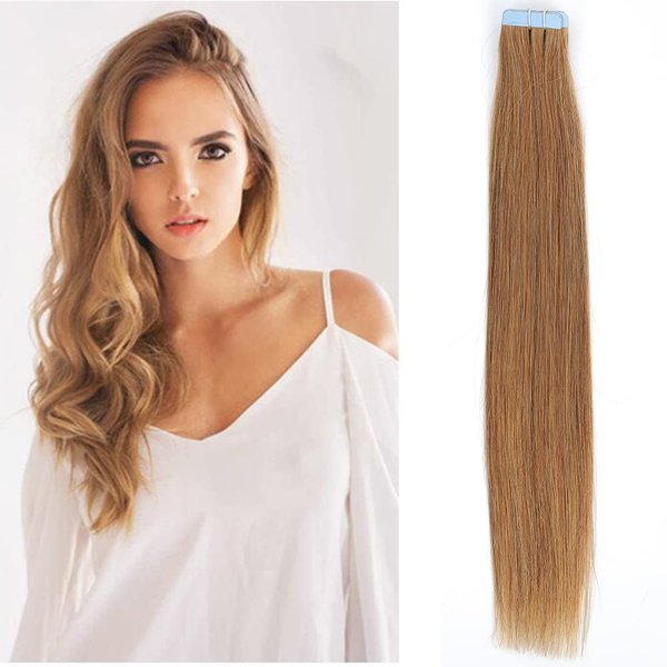 Amella Hair Tape in Hair Extensions Human Hair Silky Straight Remy Human Hair Extensions Tape in 20pcs 40g #27 Light Brown Color 14 inches Tape in Hair Extensions (14Inch,#27 Light Brown Color)