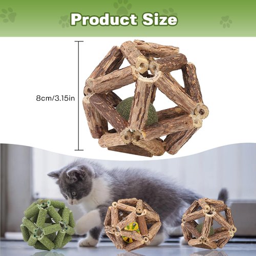 FOWSRHRG 3Pcs Cat Catnip Toy, Natural Silvervine Catnip Ball Toy with Bell, Interactive Cat Toys for Indoor Cats Kitten, Cat Chew Toy for Cleaning Teeth, Relieves Anxiety and Loneliness