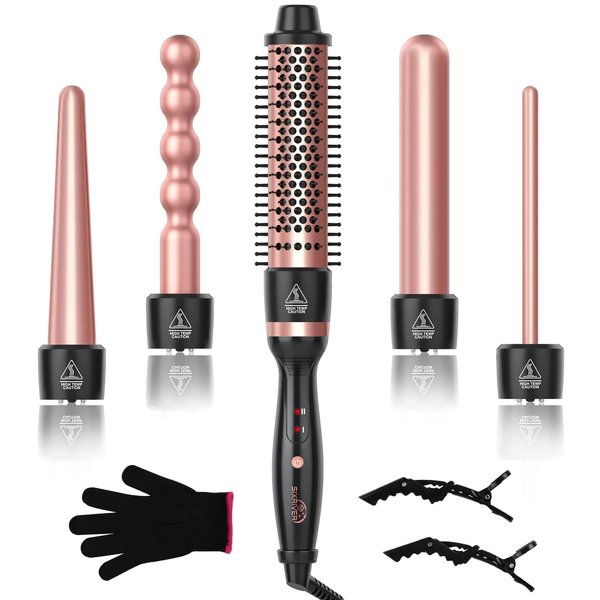 5 in 1 Curling Wand Set, Sixriver Hair Curling Iron with Curling Thermal Brush&4 Interchangeable Ceramic Curling Wand(0.4”-1.25”), Long Lasting Curls, Fast Heating Hair Wand Curler with Glove&2 Clips