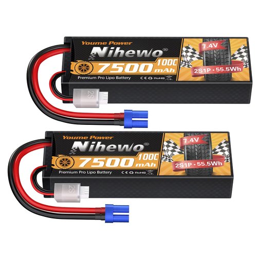 Nihewo 2Packs 2S Lipo Battery Pack, 7.4V 7500mAh RC Battery 100C Hard Case Lipos EC5 Connector Compatible with Arrma Axial 1/8 1/10 RC Car Truck Truggy Vehicles Tank Boat Airplane Models