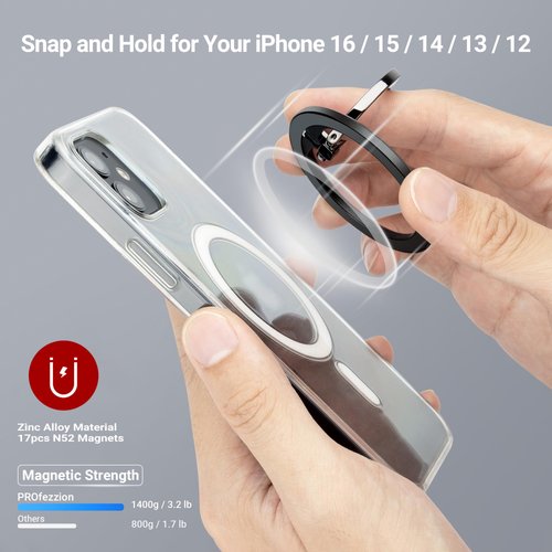 PROfezzion Thin Metal Ring Holder for MagSafe, Removable Strongest Magnetic Phone Grip for iPhone 16 15 14 13 12 Pro Max Plus with MagSafe Case [Not for Regular Case] [MagSafe Car Mount Compatible]
