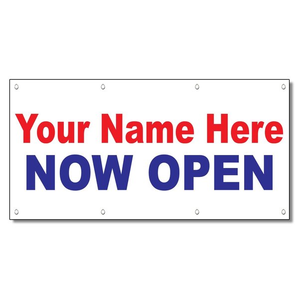 Your Name Here Now Open Custom Red Blue Custom Vinyl Banner Sign with Grommets 3 Ft x 6 Ft