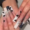 MISUD French Tip Press on Nails Long Coffin False Nails Glossy Fake Nails Rhinestone & Glitter Glue on Nails Black and White Acrylic Nails with Designs for Women and Girls 24Pcs