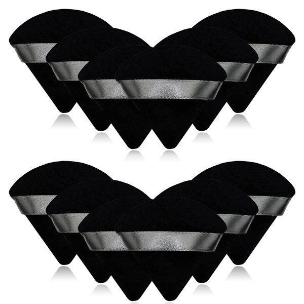 12 Pieces Black Cosmetic Powder Puff,2.76 inch Portable Soft Sponge Setting Face Puffs,Triangle Velvet Powder Puff with Ribbon Band Handle for Loose Powder Body Powder Makeup Tool