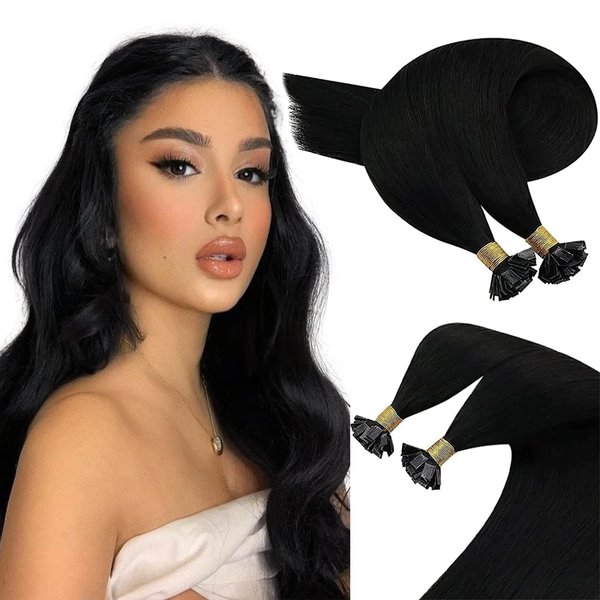 Sunny Black Flat Tips Hair Extensions Pre Bonded Flat Tip Hair Extensions Human Hair #1 Jet Black Hot Fusion Flat Tip Real Hair Extensions for Women 50g 18inch