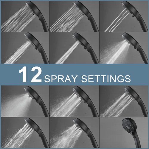 Heemli 12 Functions Shower Head with handheld, Hand held Shower with ON/OFF Pause Switch, High Pressure Shower Head Set with Hose Adjustable Bracket Rubber Washers - Black - U.S. Design Patents