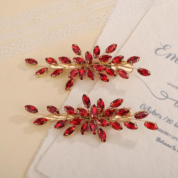 Teyglen Red Rhinestone Bridal Hair Clips Crystal Wedding Hair Barrette for Women Decorative Hair Accessories Jewelry Sparkly Crystal Hair Piece (Red)