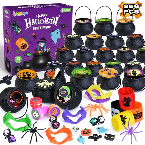 Letapapa 256 PCS Halloween Party Favors for Kids, 32 Pack Prefilled Small Plastic Witch Cauldron With Assorted Halloween Toy In Bulk, Miniatures for Kids Trick or Treat, Halloween Classroom Rewards