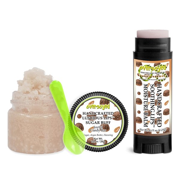 Joyful Candy Bar Soothing & Luscious Lips by OverSoyed Exfoliator & Chapped Lip Repair Lip Care Combo | Artisan Handcrafted to Order Milk Chocolate Coconut Almond Flavored Exfoliating Sugar Lip Scrub & Lip Moisturizer Balm Gift Set