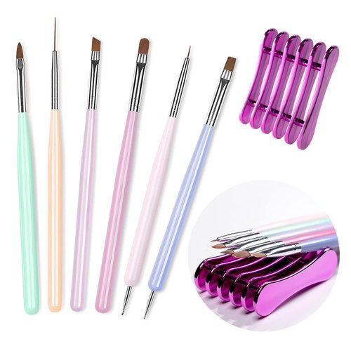 RARJSM Nail Art Brushes Set 6 Pcs Nail Art Design Pen Painting Tools with Pen Holder Double Ended Dotting French Tip Thin Liner Detail Brush Builder Nail Gel Brush Salon Home Diy Manicure Accessories