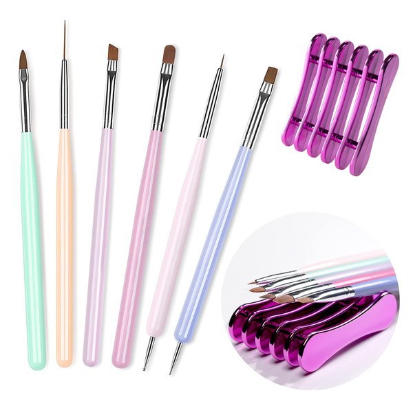 RARJSM Nail Art Brushes Set 6 Pcs Nail Art Design Pen Painting Tools with Pen Holder Double Ended Dotting French Tip Thin Liner Detail Brush Builder Nail Gel Brush Salon Home Diy Manicure Accessories
