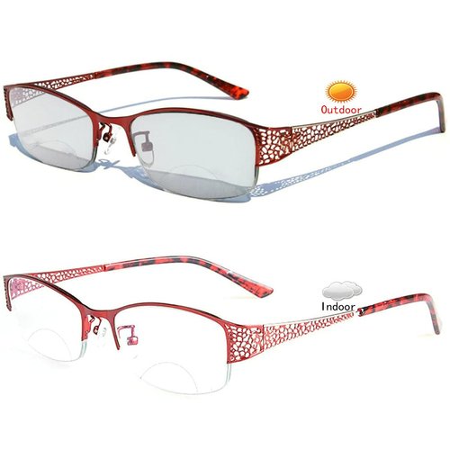 laureles Fashion Photochromic Bifocal Reading Glasses Women's Sun Glasses Transition Metal Frame Red Presbyopia Female (Red, 0.00/+1.75 Magnification)