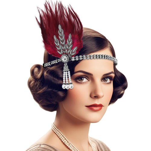 VENOFEN 1920s Feather Flapper Headband Vintage Style Headpiece Gatsby Party Headband Red Feather Headpiece Roaring 20s Headband for Women (Red)