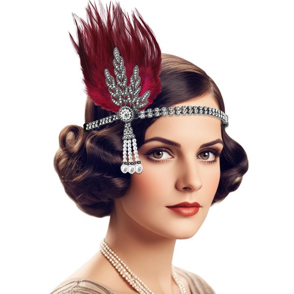 VENOFEN 1920s Feather Flapper Headband Vintage Style Headpiece Gatsby Party Headband Red Feather Headpiece Roaring 20s Headband for Women (Red)
