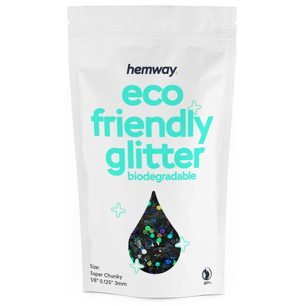 Hemway Eco Friendly Biodegradable Glitter 100g / 3.5oz Bio Cosmetic Safe Sparkle Vegan for Face, Eyeshadow, Body, Hair, Nail and Festival Makeup - Super Chunky (1/8" 0.125" 3mm) - Black Holographic