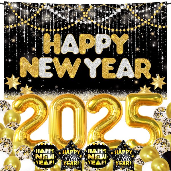 KatchOn, Huge New Years Eve Party Supplies 2025 - Pack of 44 | Gold and Black Happy New Year Banner, 2025 Balloon Numbers | New Years Balloons for New Years Eve Decorations, New Years Decorations 2025