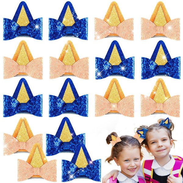 16 Pcs Blue Dog Hair Clips Kids Glitter Ear Hair Bow Toddler Girls Cute Blue Hair Accessories for Birthday Party Favor Decorations Supplies