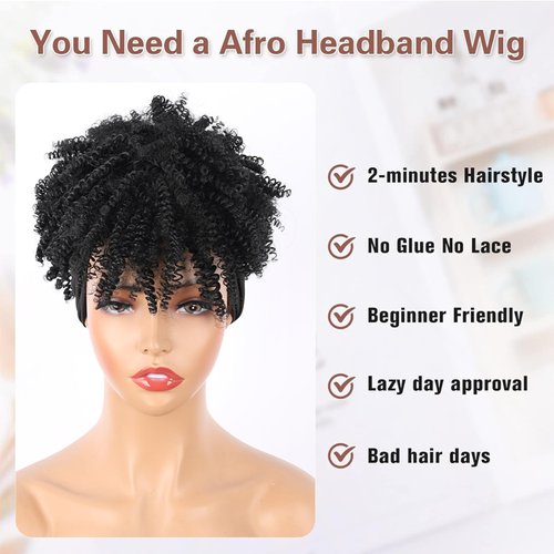 Aisaide Afro Kinky Curly Headband Wig Short Black Afro Wigs for Black Women Synthetic Kinky Curly Headband Wig with Bangs for Women Natural Afro Puff with Bangs Turban Wrap-Wig 4inch