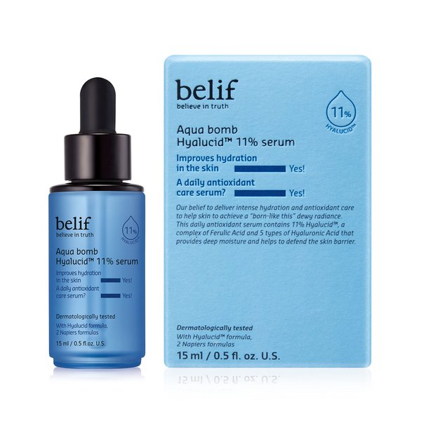 belif Aqua Bomb Hyalucid 11% Serum w/Hyaluronic Acid & Ferulic Acid | Daily Antioxidant Serum for Intense Hydration & Skin Soothing | 0.5 fl oz (15 ml)