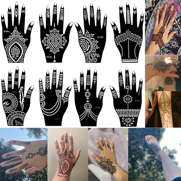 Xmasir 8 Sheets Henna Tattoo Stencil Kit for Women Girls Hand Finger Body Paint Temporary Tattoo Templates 7.8'' X 4''