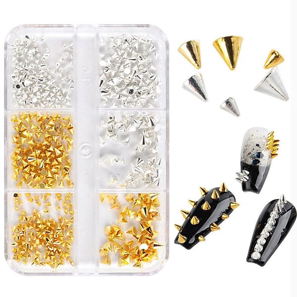 6 Grid/Box Mini Metal Rivet Punk Nail Charms - Gold and Silver Cone Nail Art Studs for Acrylic Nails, Nail Jewels, and DIY Crafts, Alloy Spike Studs Nail Supplies for Women Girls