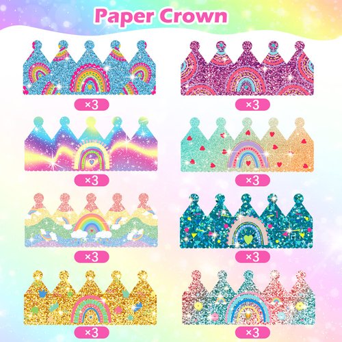 Kathfly Rainbow Birthday Party Hats Rainbow Crown Headbands for Kids Birthday, Event, Rainbow Theme Party Supplies (Glitter Style, 24 Pack)