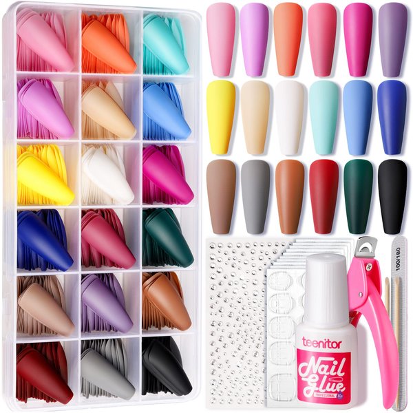 Teenitor Long Coffin Press On Nails, 432Pcs Press On Nails Long Matte Fake Nails 18Packs Long Press On Nails, Long Coffin False Nails With Nail Glue