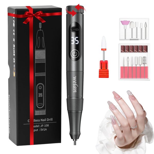 Welan Electric Nail Drill, Professional Rechargeable Cordless Nail Drill for Acrylic and Gel Nails, 35000 RPM Portable Electric Nail Drill Machine Gift Set for Manicure and Polishing