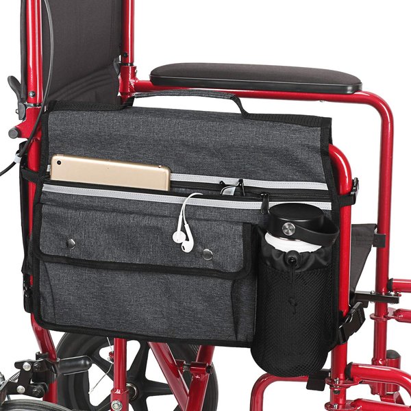 Wheelchair Organizer Storage Bag, Double-Sided Armrest Pouch with Cup Holder and Reflective Strip, for Wheelchairs and Walkers (Black)