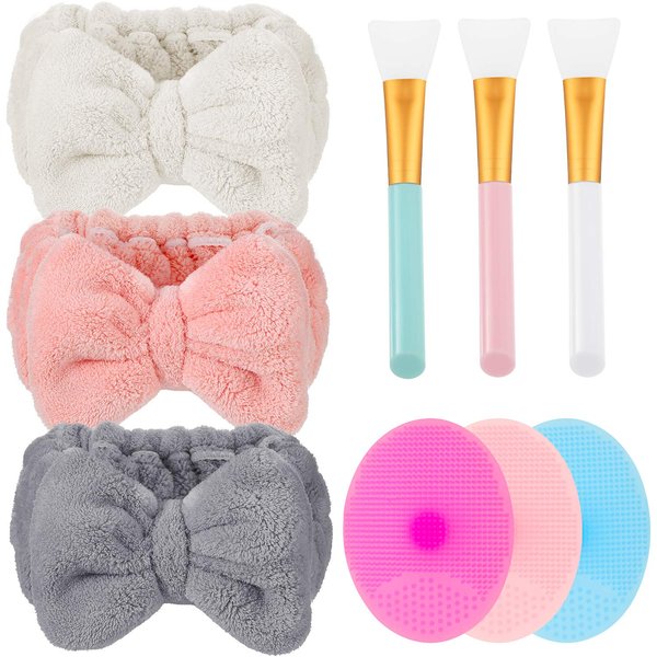 Patelai 3 Pieces Microfiber Bowtie Headbands Wash Face Spa Makeup Hair Band, 3 Pieces Face Mask Applicator Brush, 3 Pieces Silicone Face Brush Gift for Christmas Winter