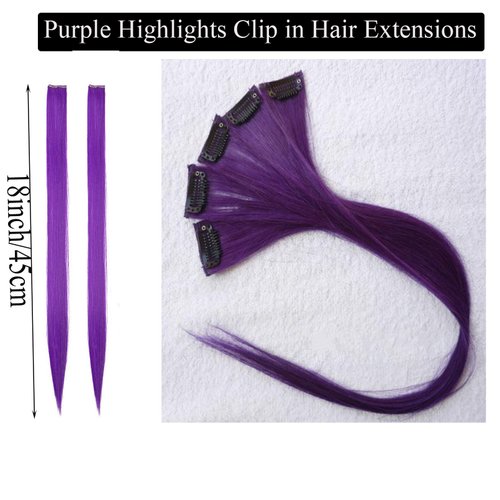 18 Inch High light Clip in Human Hair Extensions 100% Straight Clip on Party Highlights Colored Hair Extensions 6 Pieces/set (Purple)