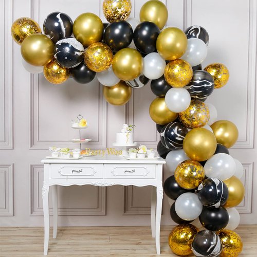 PartyWoo Gold and Black Balloons, 60 pcs Black Balloons, White Balloons, Black Marble Balloons, Gold Metallic Balloons, Gold Confetti Balloons for Great Gatsby Party, Hollywood Party, 1920 Party Decor