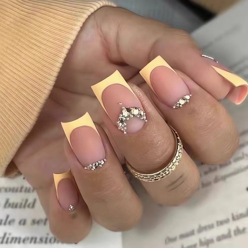 IMSOHOT Square Medium Press on Nails Sunset Yellow Gradient Fake Nails Matte French Tips False Nails with Rhinestone Designs Full Cover Acrylic Nails Glue on Nails for Women 24Pcs