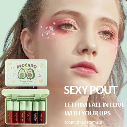 6 Colors Lip Tint Stain Set, Korean Velvet Matte High Pigment Liquid Mini Lipstick, Multi-Use Lip and Cheek Tint, Moisturizing Lip Gloss Lip Stain, Long Lasting, Non-Sticky, Vivid Color (Avocado)
