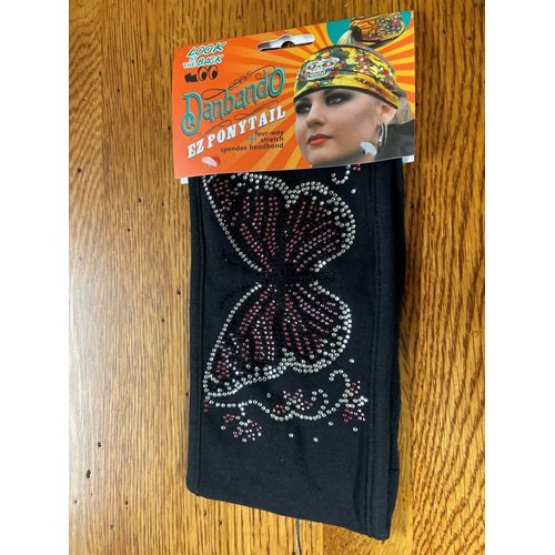 Danbando Headband Head Wrap Bandanna Butterfly and Flowers with Rhinestones 4 Way Stretch Optional Pony Tail Hole Sweatband