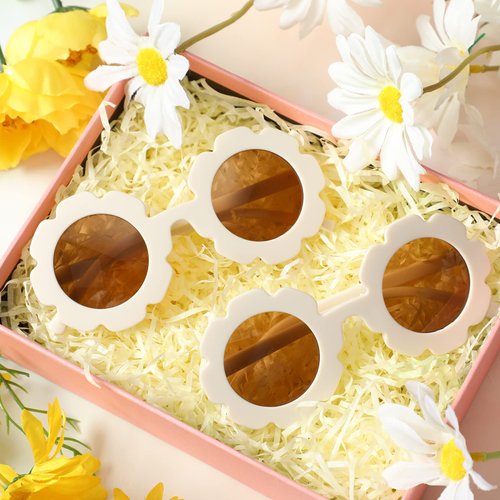 Landhoow 2 Pcs Flower Girl Sunglasses Kids Round Sunglasses Flower Girl Proposal Gift Cute Glasses for Outdoor Beach Party (White, Flower)