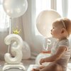 Eoopoon 42 Inch Crown Birthday Number Balloon 4, Big Size Number 4 Balloon with Base for Boy Girl Birthday Party Decoration, Anniversary Decor Theme Party Supplies (Cream White 4)