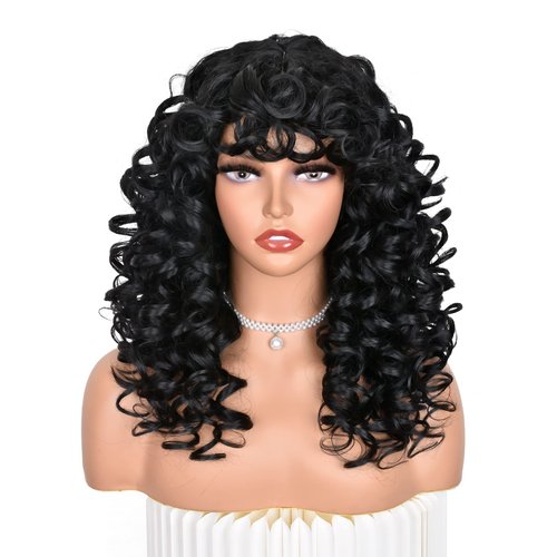 ANNISOUL Black Curly Wigs for Black Women Long Curly Afro Wig with Bangs for Women Big Bouncy Fluffy Synthetic Fiber Glueless Hair for Cosplay and Daily